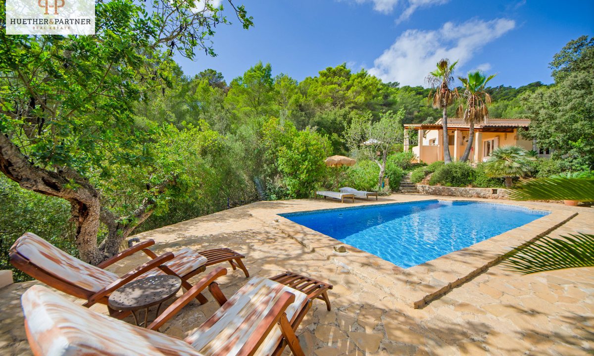 Blick vom Pool zum Haus